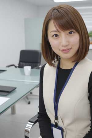 オフィスで黒のベストを着た美女