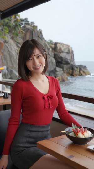 赤セーターを着こなす美女