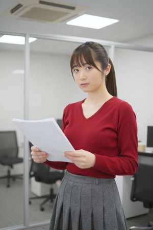 オフィスで白のセーターを着た美女