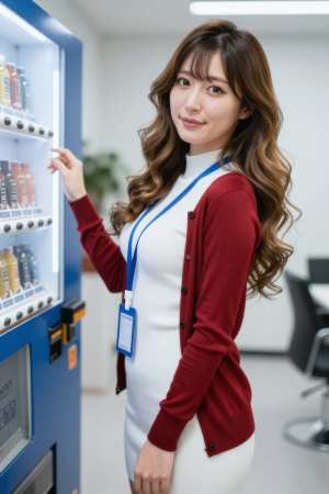 青のドレス姿でオフィスに佇む女性