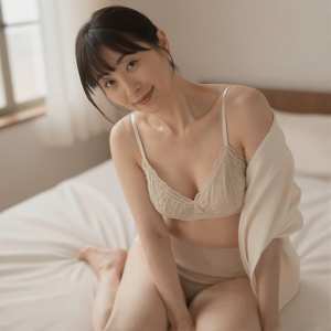 熟女・爆乳ベッドで撮影された女性のポートレート