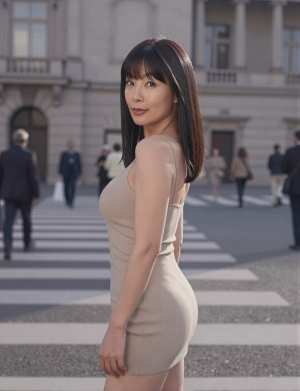 熟女・爆乳グレーのドレスを着た女性のポートレート