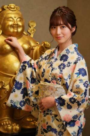 微笑む和装美人、金色の輝き
