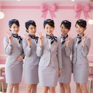 ピンクの部屋でピースを举げる制服女性たちのポートレート