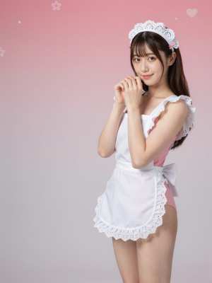 ピンクの背景で微笑むメイド服の美女のポートレート