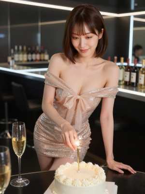 シャンパンとケーキを飾る魅力的な美女のポートレート