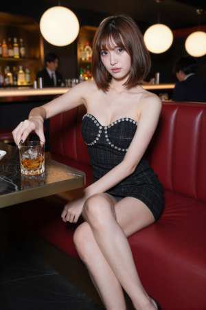 バーの赤いソファに座る美女のポートレート