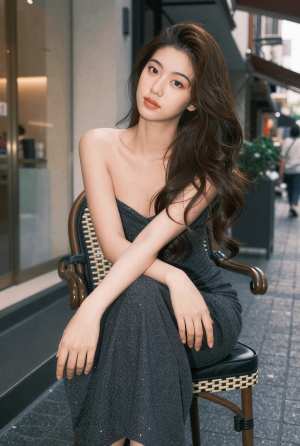 街角カフェでポーズをとる美女のポートレート