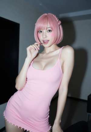 ピンクのショートヘアをまとった美女のポートレート