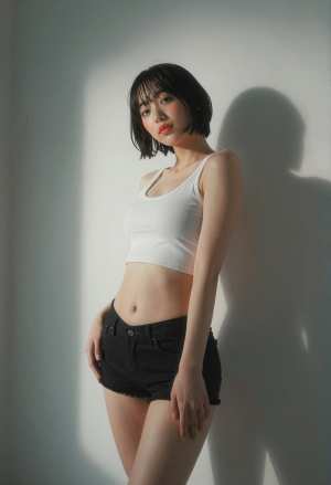 白Tシャツと黒ショートパンツの若き女性の室内ポートレート