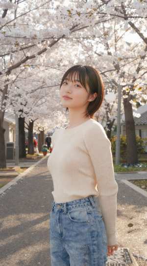 桜並木を背景にした若者のポートレート