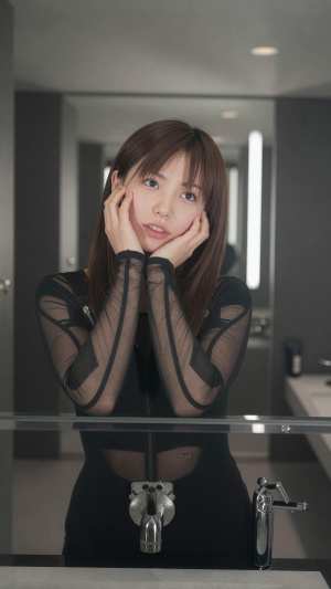 鏡の前でポーズをとる若き女性のポートレート