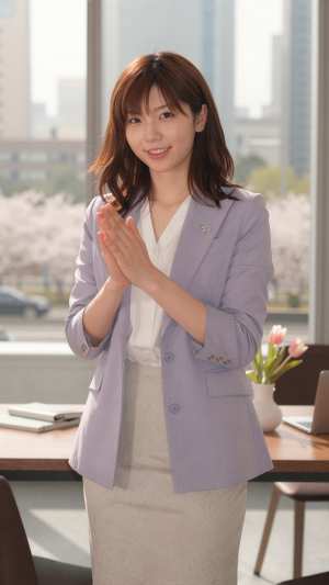 桜の季節、笑顔で手を合わせる女性