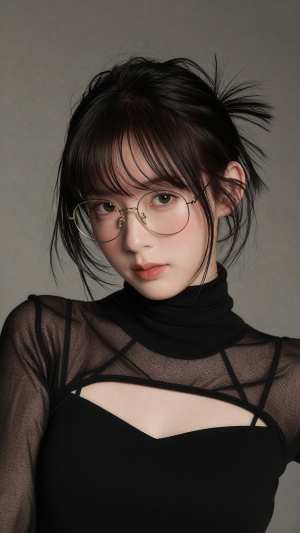 黒い透け感のあるトップスを着た眼鏡の美女のポートレート