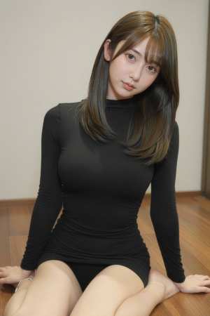 黒い長袖ドレスの若き女性の室内ポートレート