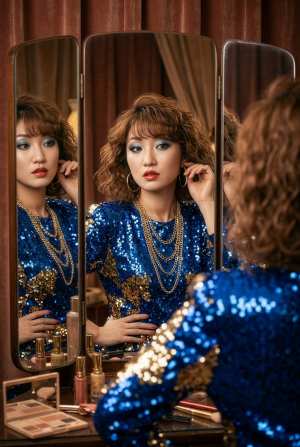 キャバクラの美女がミラーで自分を見つめるポートレート