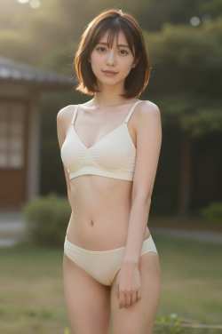 夕陽のグラウンドで微笑む美女のポートレート