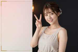 笑顔でピースサインをする若い女性のポートレート