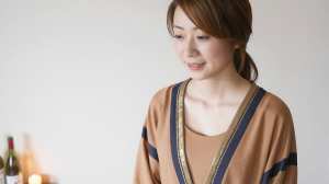 穏やかな微笑みで視線を落とした女性のポートレート