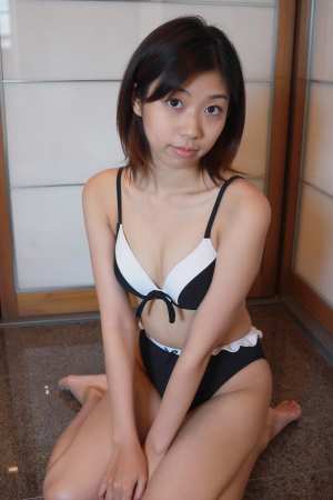 黒白の水着を着た若き女性の室内ポートレート