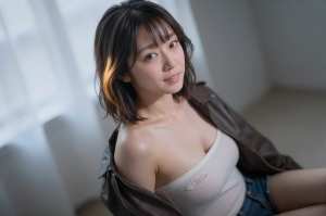 窓辺で微笑む若きグラビアモデルのポートレート