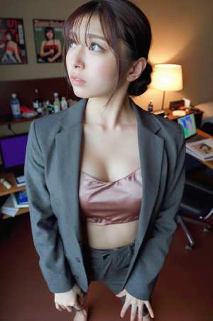 オフィス風の部屋で視線を上げる美女のポートレート