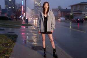 雨の街並みでポーズをとる美女のポートレート