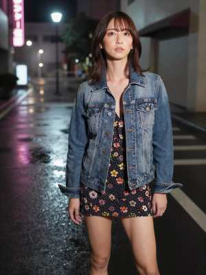 夜の街を歩く若き女性のポートレート