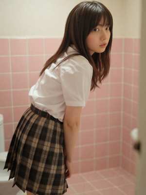 ピンクのタイル壁を背景にした制服少女のポートレート