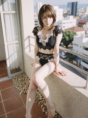 都市のバルコニーでポーズをとる美女のポートレート