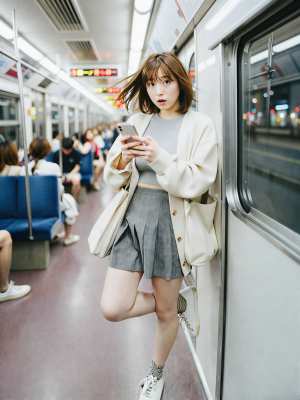 都会の電車内を歩く若き女性のポートレート