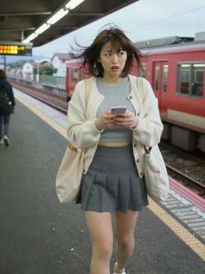 駅でスマホを見ている若手女性のポートレート