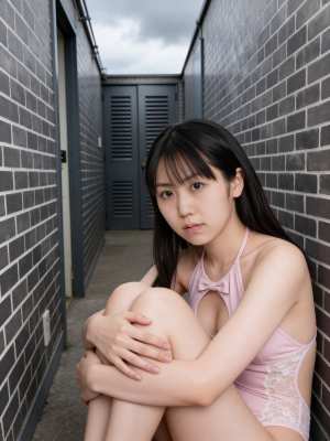 灰色のレンガ壁に座る若き女性のポートレート