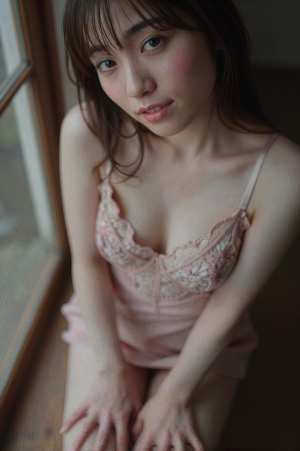 窓辺で柔らかな微笑みを放つ女性ポートレート