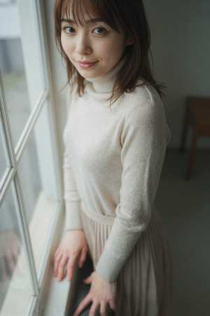 窓辺で微笑む若き女性のポートレート