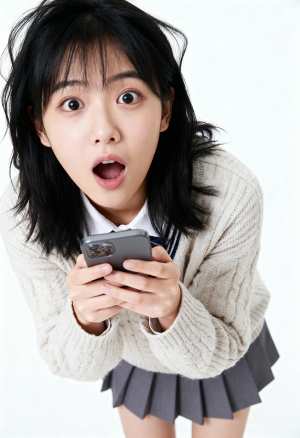 スマートフォンを手に驚きの表情を浮かべた日本の若い女の子を正面カメラのアングルから写...。