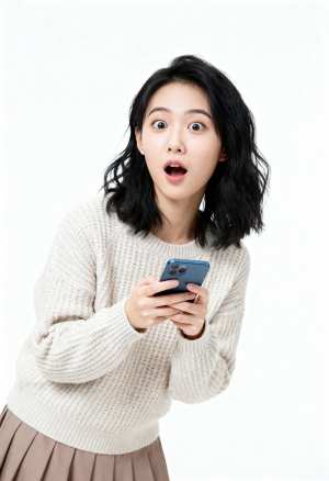 スマートフォンを手に驚きの表情で視聴者を見つめる、驚いた若い女性を正面カメラのアング...。