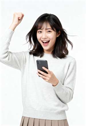 スマートフォンを手に明るい表情で祝う若いアジア人女性を正面カメラのアングルから写実的...。