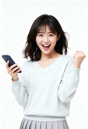 ライトブルーのVネックセーターとグレーのプリーツスカートを着た、右手に携帯電話を持ち...。