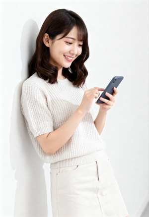 真っ白な壁に立ち、スマートフォンを持ちながら微笑む若い女性を正面カメラのアングルから...。