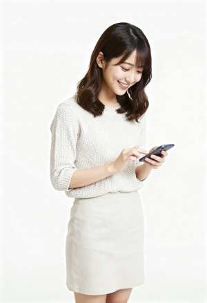 画像の中央に立つ、白いニットセーターと白いペンシルスカートを着た若いアジア人女性。