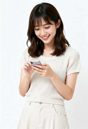 満面の笑みを浮かべながらスマートフォンを使用している若いアジア人女性を正面カメラのア...。