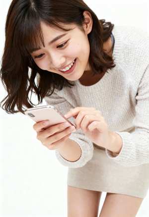 若い女性がスマートフォンを使い、満面の笑みを浮かべながら画面を見つめる様子をクローズ...。