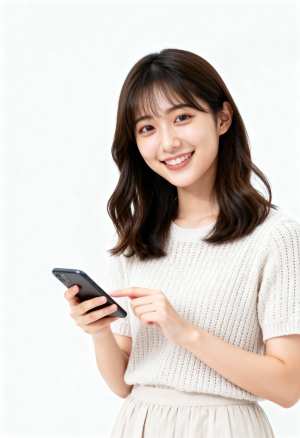 スマートフォンを持ち、カメラに向かって微笑むアジア系の若い女性を、正面カメラのアング...。