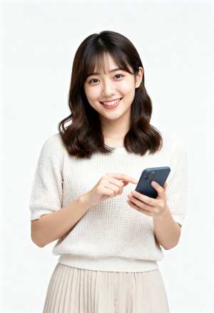 ニットセーターとプリーツスカートを着た若い女性がスマートフォンを持ち満面の笑みを浮か...。