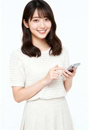 スマートフォンを持ちながら微笑む若いアジア人女性を正面カメラのアングルから写実的に撮...。