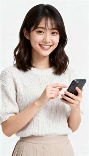 スマートフォンを持ち、フレンドリーな笑顔でそれを指している若い女性を正面カメラのアン...。