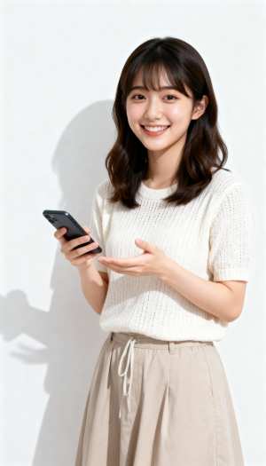 真っ白な背景に、携帯電話を持ち満面の笑みを浮かべている若い女性を正面カメラのアングル...。