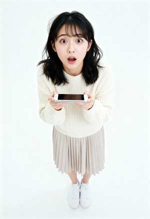 スマートフォンを両手に持ち、驚いた表情でカメラを見つめる若い女性がフレームの中央に立...。