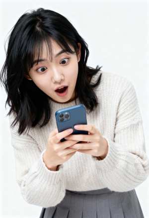 白いニットセーターとグレーのプリーツスカートを着た若い女性が、スマートフォンを持って...。